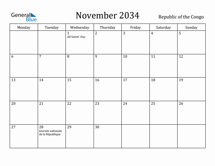 November 2034 Calendar Republic of the Congo