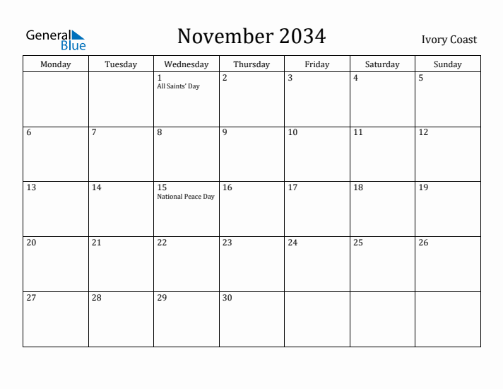 November 2034 Calendar Ivory Coast