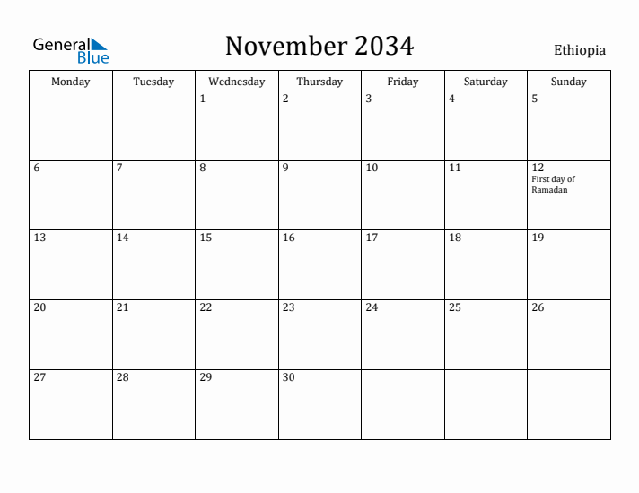 November 2034 Calendar Ethiopia