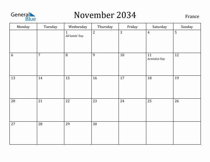 November 2034 Calendar France