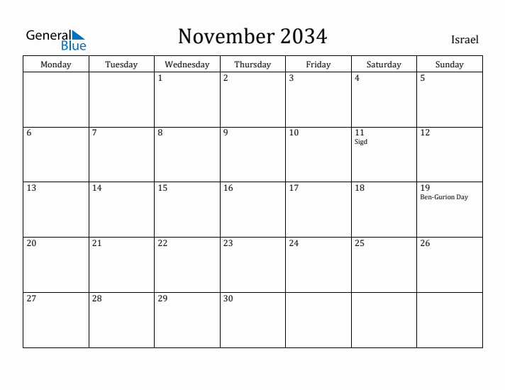 November 2034 Calendar Israel