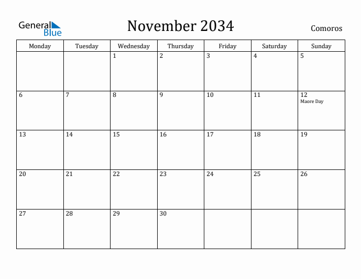 November 2034 Calendar Comoros