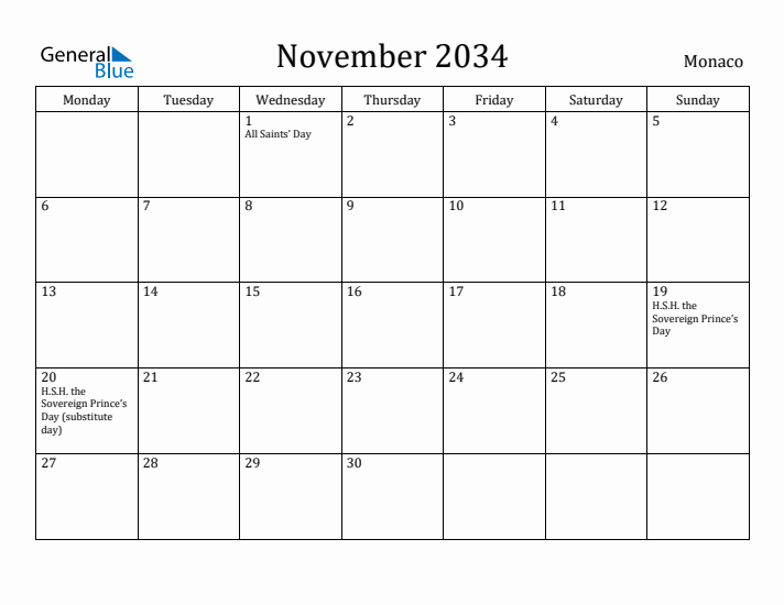 November 2034 Calendar Monaco