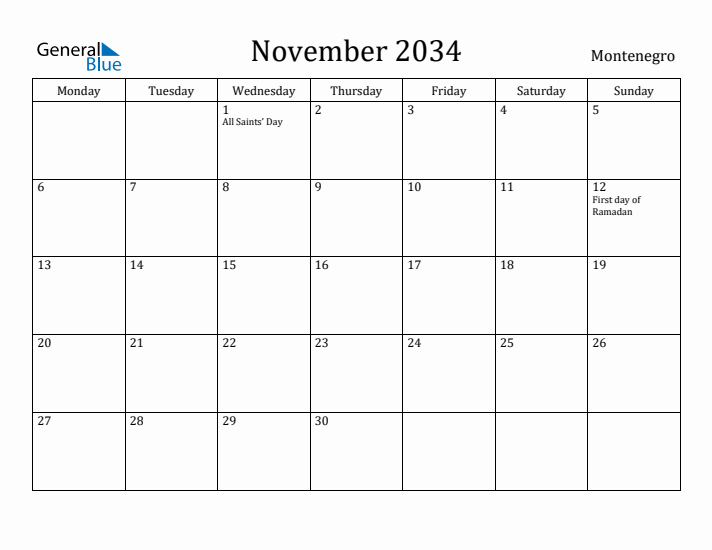 November 2034 Calendar Montenegro