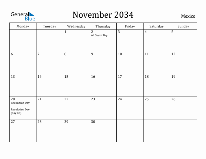 November 2034 Calendar Mexico
