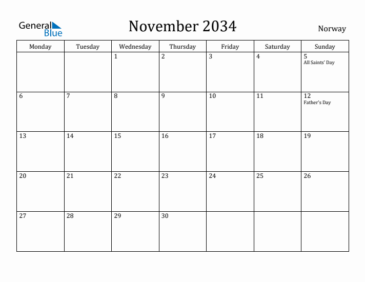November 2034 Calendar Norway