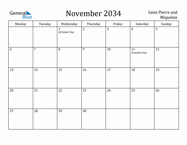 November 2034 Calendar Saint Pierre and Miquelon