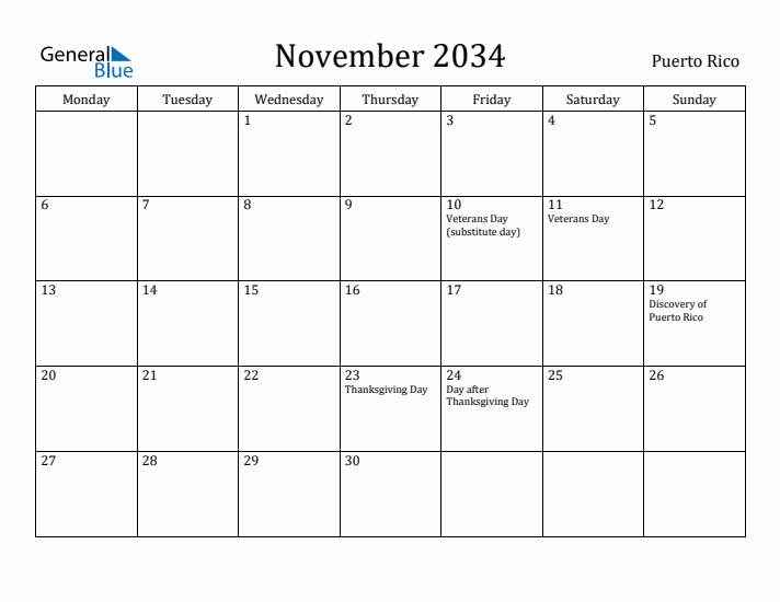 November 2034 Calendar Puerto Rico