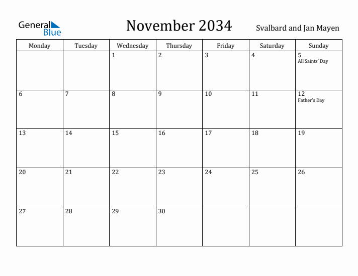 November 2034 Calendar Svalbard and Jan Mayen