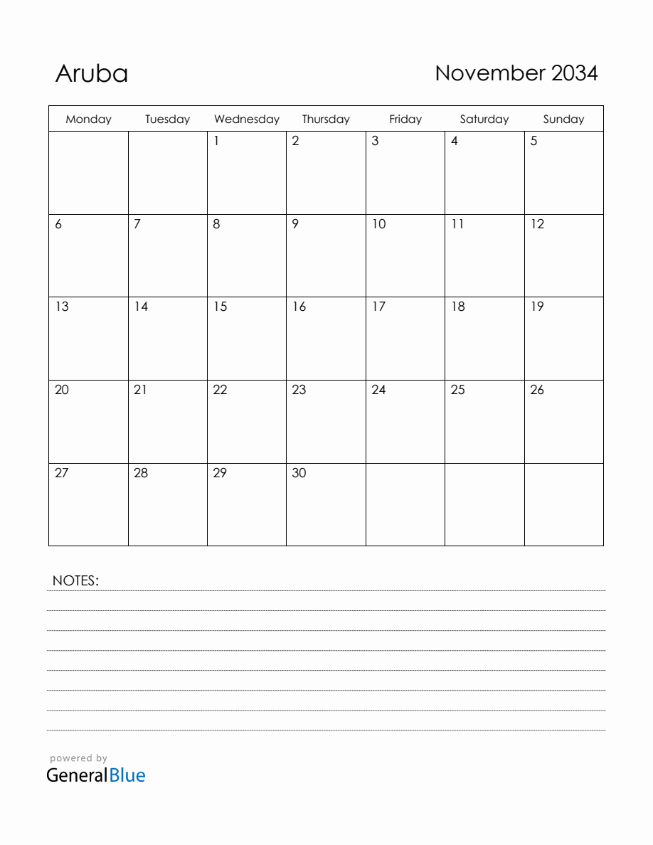 November 2034 Aruba Calendar with Holidays