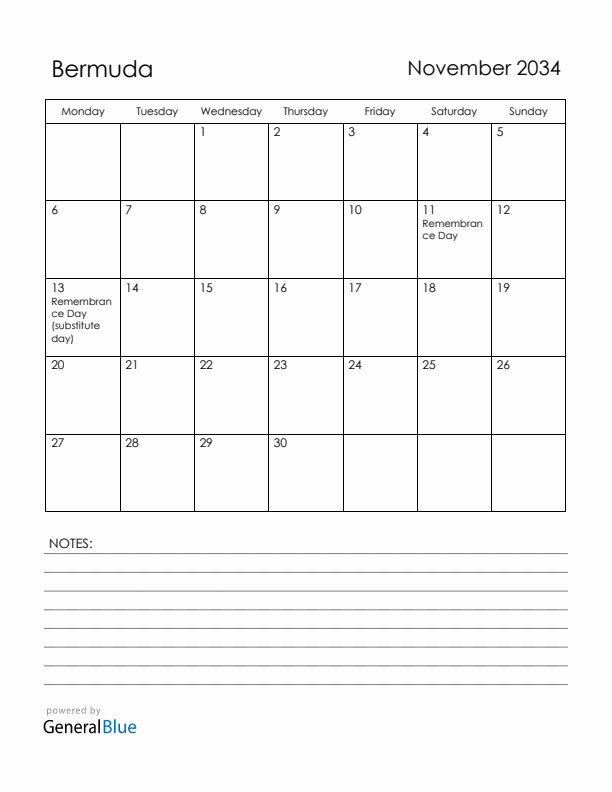 November 2034 Bermuda Calendar with Holidays (Monday Start)