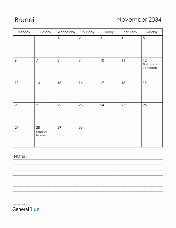 November 2034 Brunei Calendar with Holidays (Monday Start)
