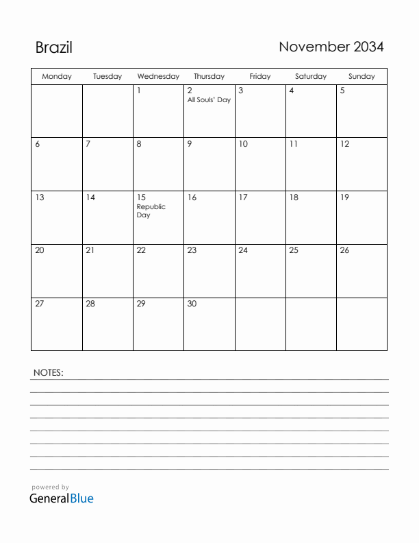 November 2034 Brazil Calendar with Holidays (Monday Start)