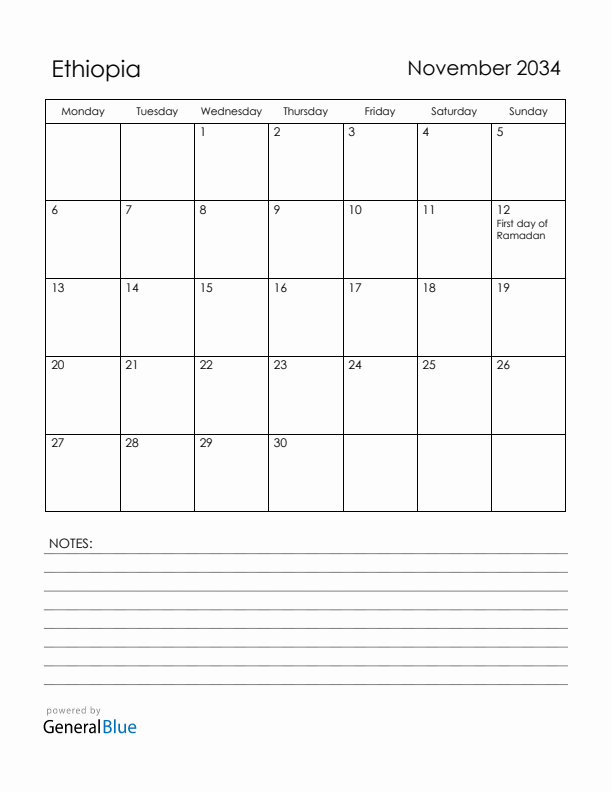 November 2034 Ethiopia Calendar with Holidays (Monday Start)