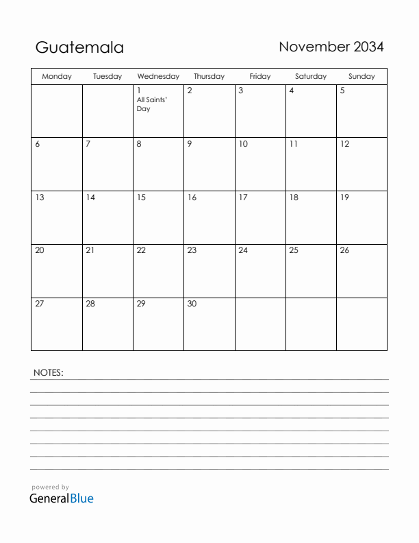 November 2034 Guatemala Calendar with Holidays (Monday Start)