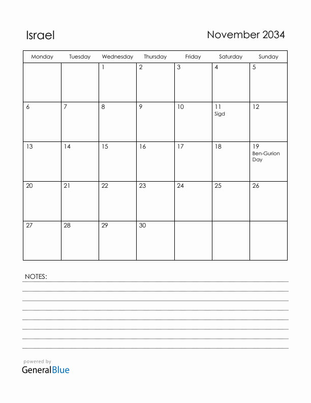 November 2034 Israel Calendar with Holidays (Monday Start)