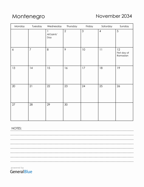 November 2034 Montenegro Calendar with Holidays (Monday Start)