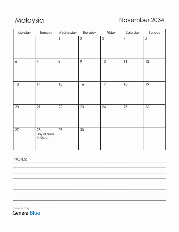 November 2034 Malaysia Calendar with Holidays (Monday Start)