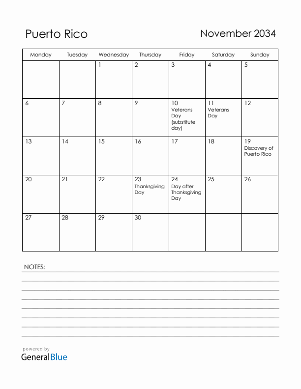 November 2034 Puerto Rico Calendar with Holidays (Monday Start)