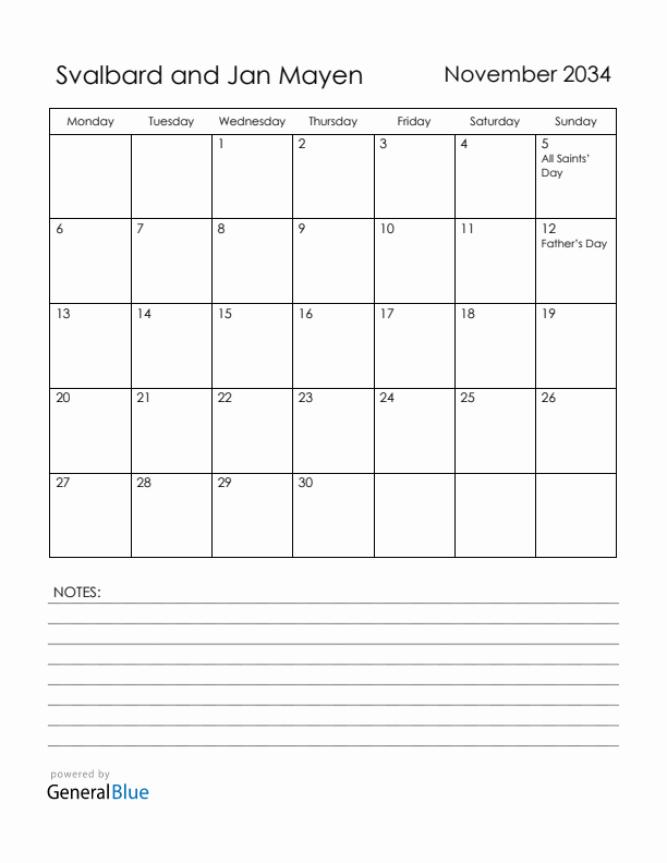 November 2034 Svalbard and Jan Mayen Calendar with Holidays (Monday Start)