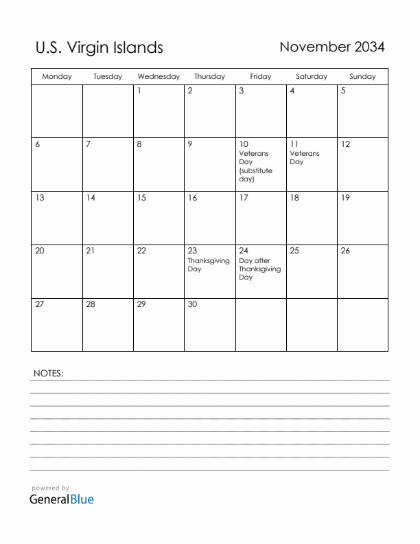 November 2034 U.S. Virgin Islands Calendar with Holidays (Monday Start)