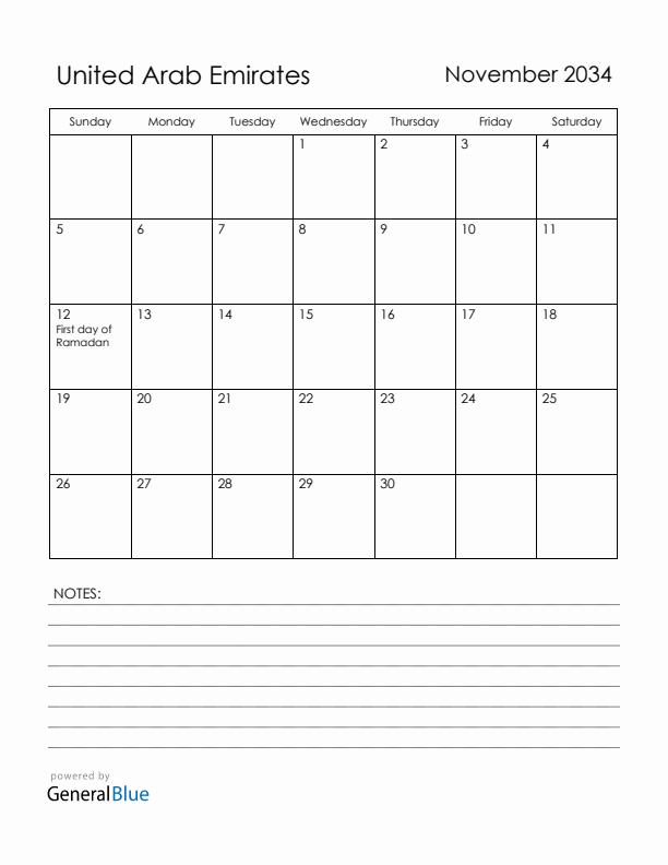 November 2034 United Arab Emirates Calendar with Holidays (Sunday Start)