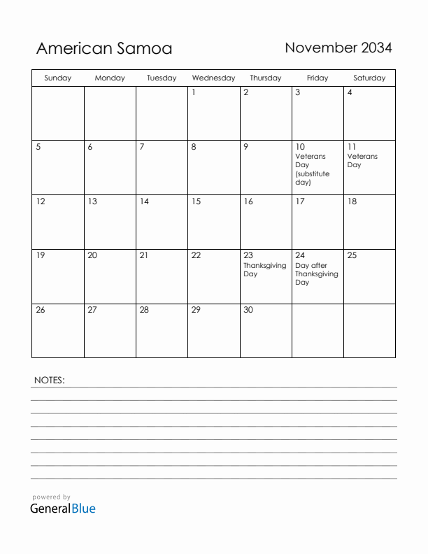 November 2034 American Samoa Calendar with Holidays (Sunday Start)