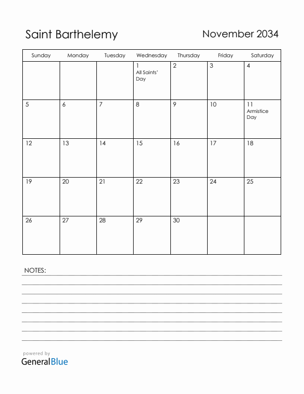 November 2034 Saint Barthelemy Calendar with Holidays (Sunday Start)