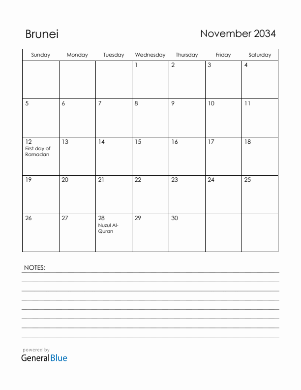 November 2034 Brunei Calendar with Holidays (Sunday Start)