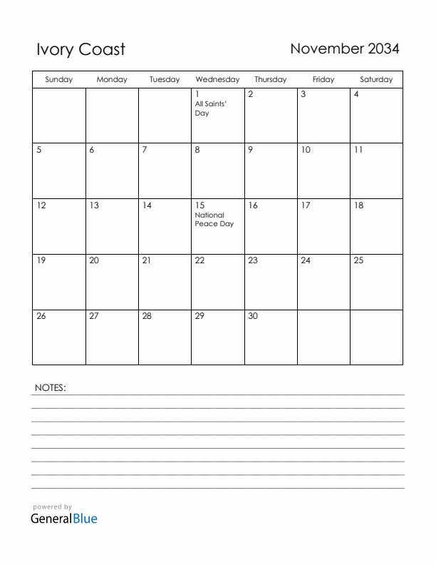 November 2034 Ivory Coast Calendar with Holidays (Sunday Start)