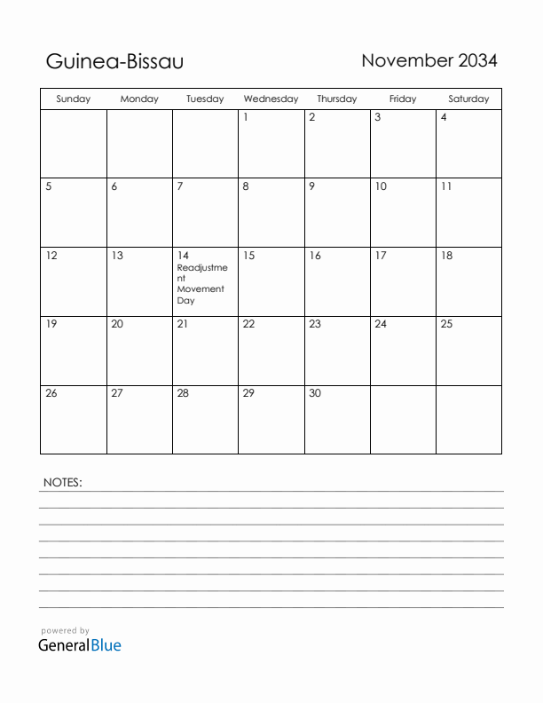 November 2034 Guinea-Bissau Calendar with Holidays (Sunday Start)