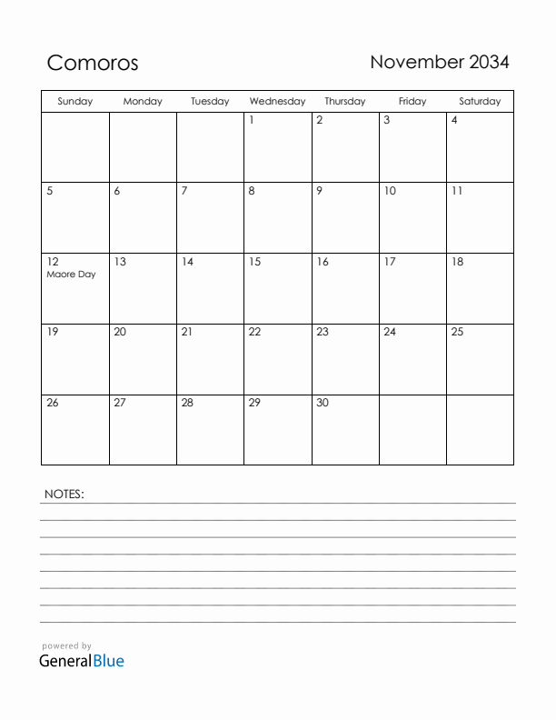 November 2034 Comoros Calendar with Holidays (Sunday Start)