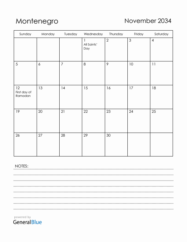 November 2034 Montenegro Calendar with Holidays (Sunday Start)