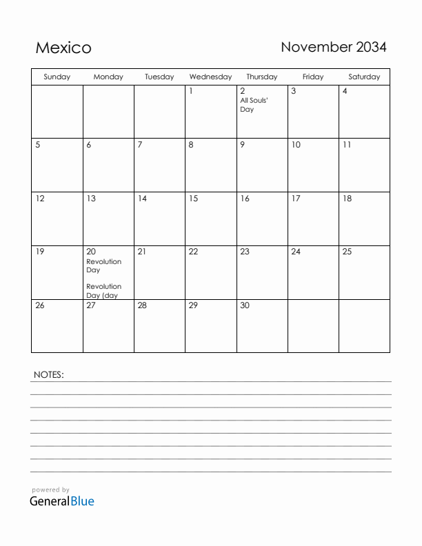 November 2034 Mexico Calendar with Holidays (Sunday Start)