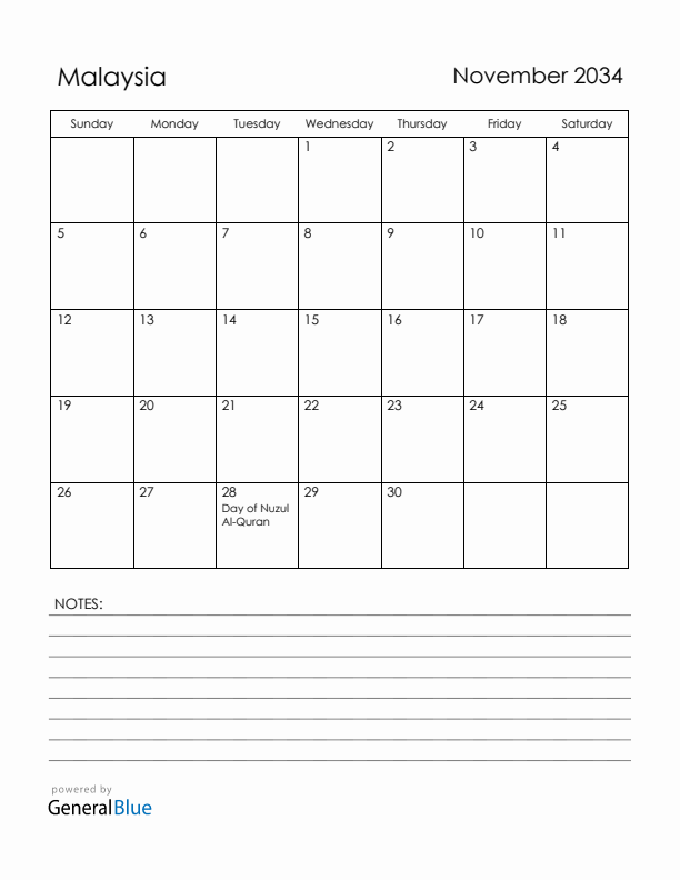 November 2034 Malaysia Calendar with Holidays (Sunday Start)