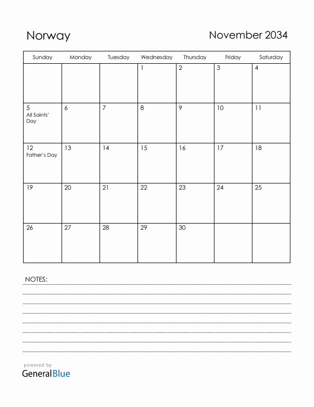 November 2034 Norway Calendar with Holidays (Sunday Start)