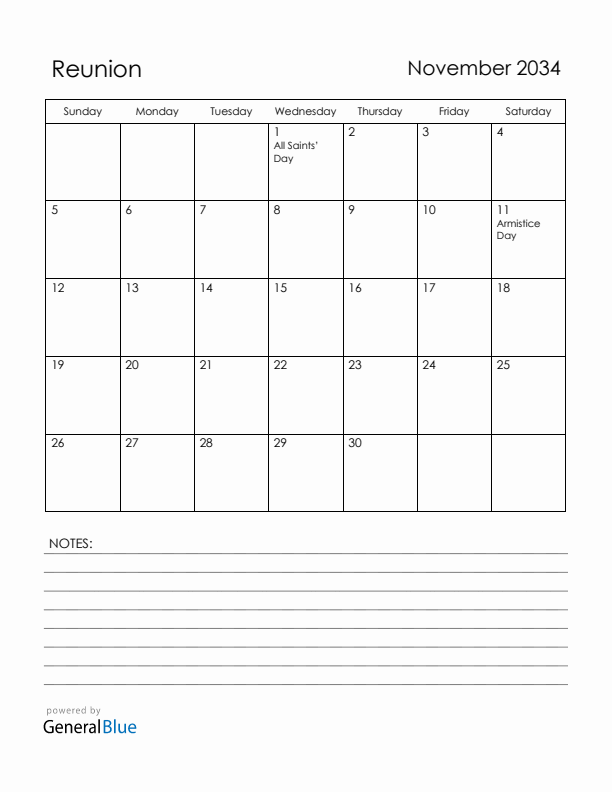 November 2034 Reunion Calendar with Holidays (Sunday Start)