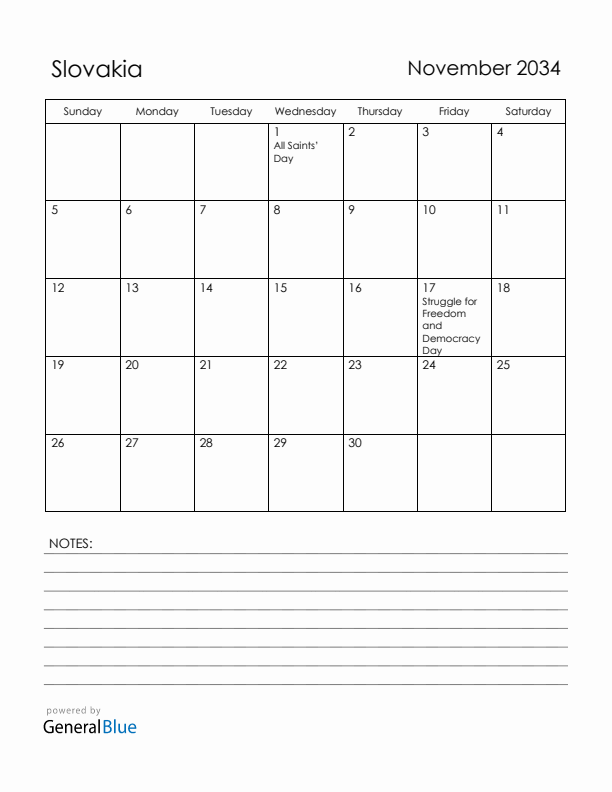 November 2034 Slovakia Calendar with Holidays (Sunday Start)