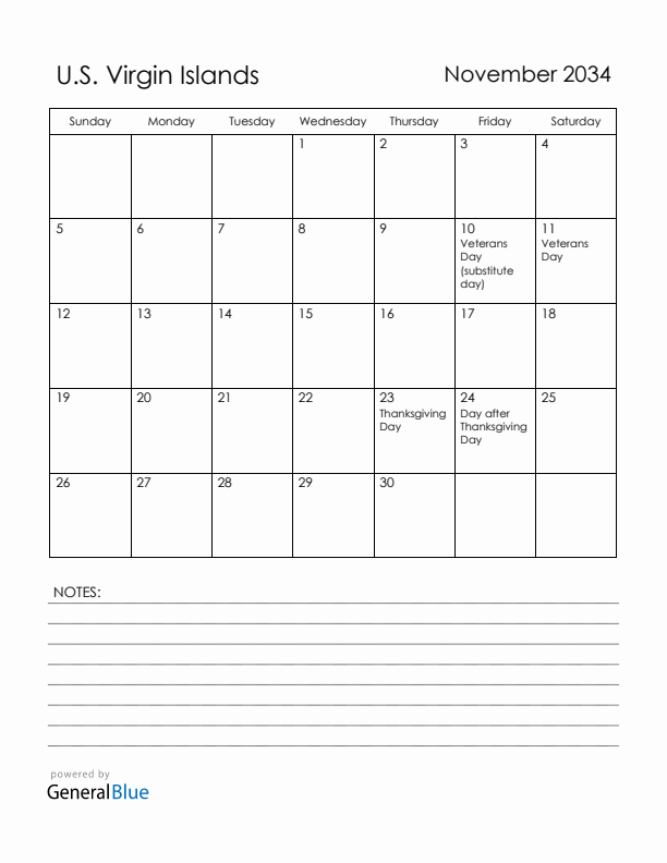 November 2034 U.S. Virgin Islands Calendar with Holidays (Sunday Start)