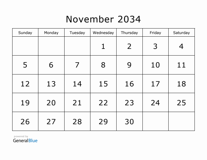 Printable November 2034 Calendar - Sunday Start
