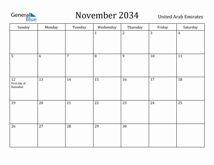 November 2034 Calendar United Arab Emirates