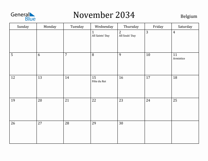 November 2034 Calendar Belgium