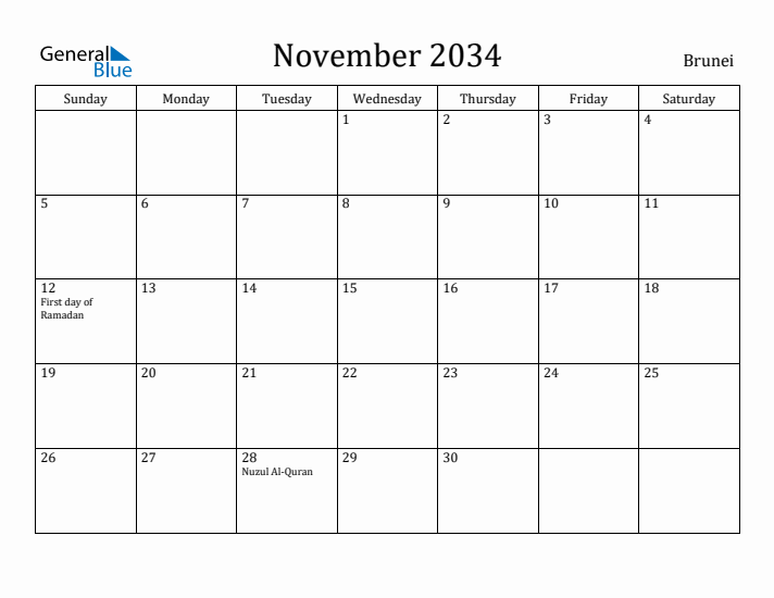 November 2034 Calendar Brunei