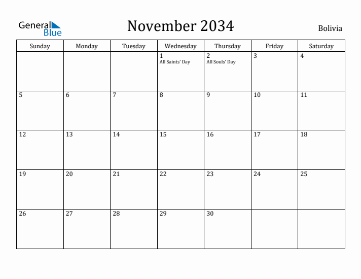 November 2034 Calendar Bolivia