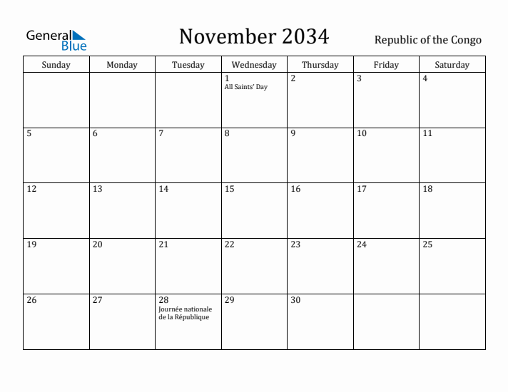November 2034 Calendar Republic of the Congo