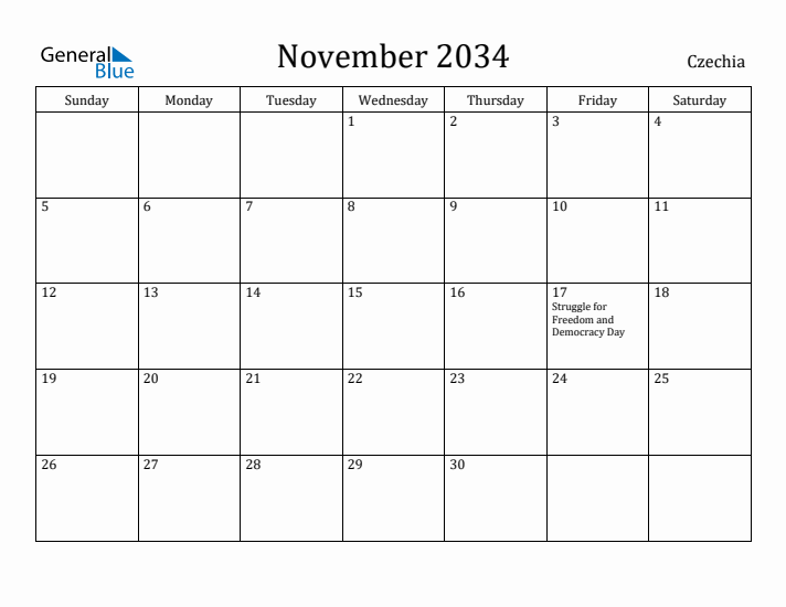 November 2034 Calendar Czechia