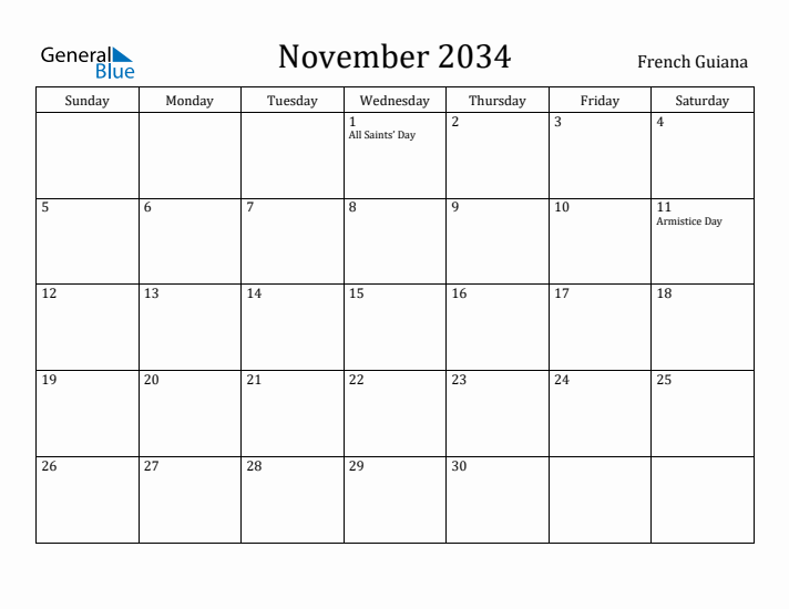 November 2034 Calendar French Guiana