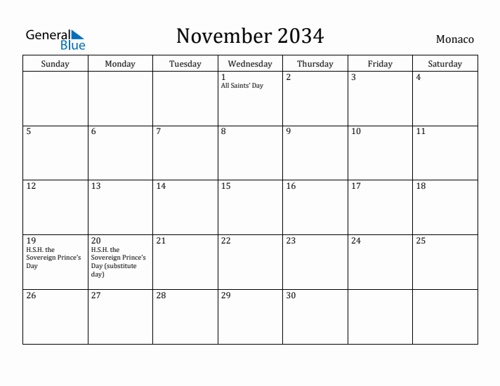 November 2034 Calendar Monaco