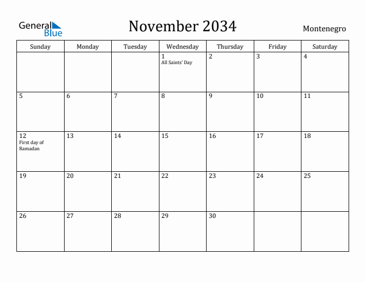 November 2034 Calendar Montenegro