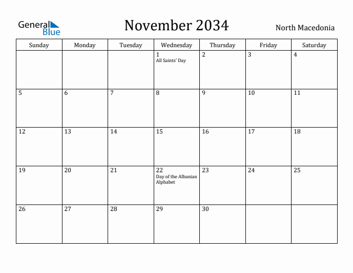 November 2034 Calendar North Macedonia
